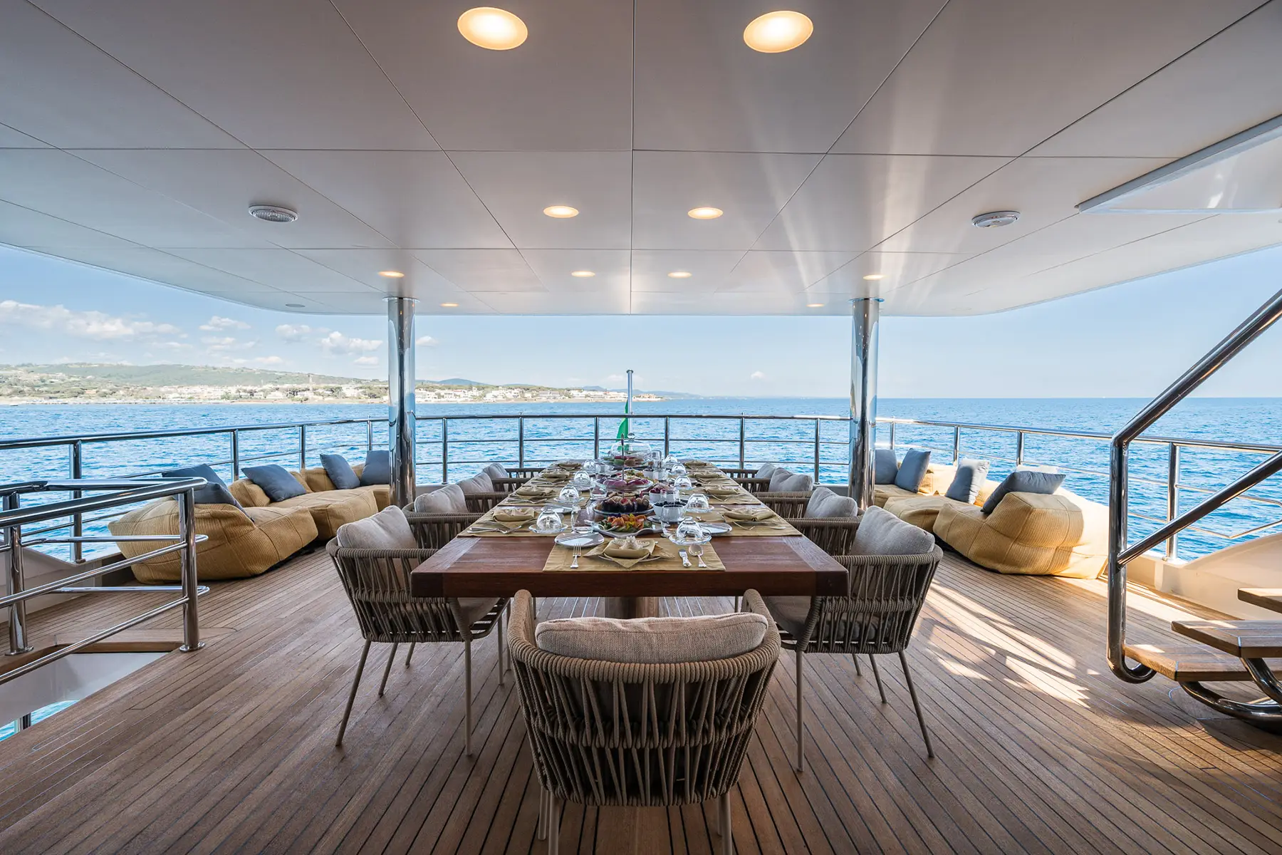 The interior dining room of the yacht R23