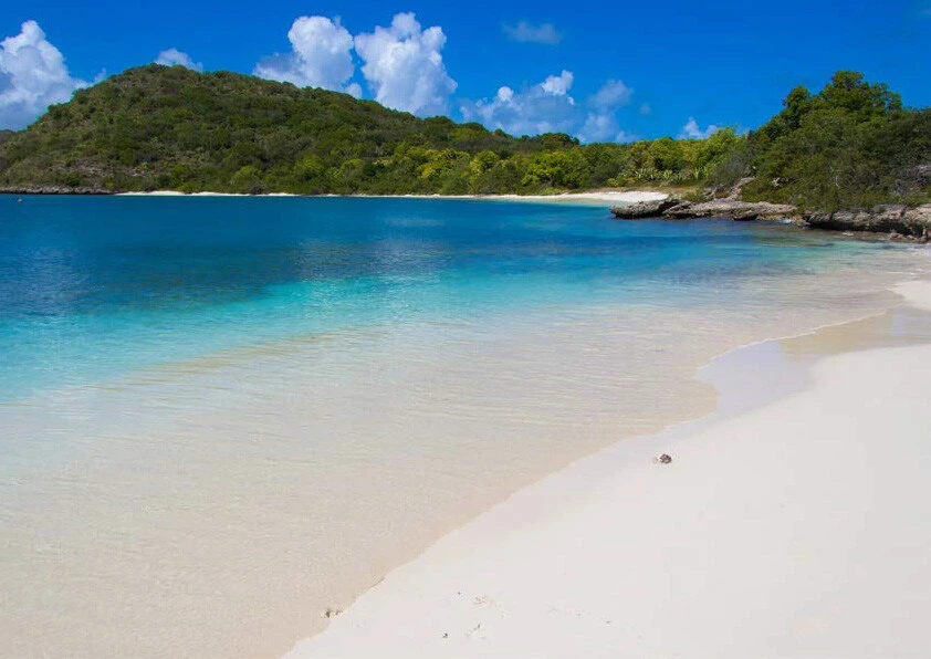 Bright turquoise waters flowing on the sandy beach on the island of Barbuda.