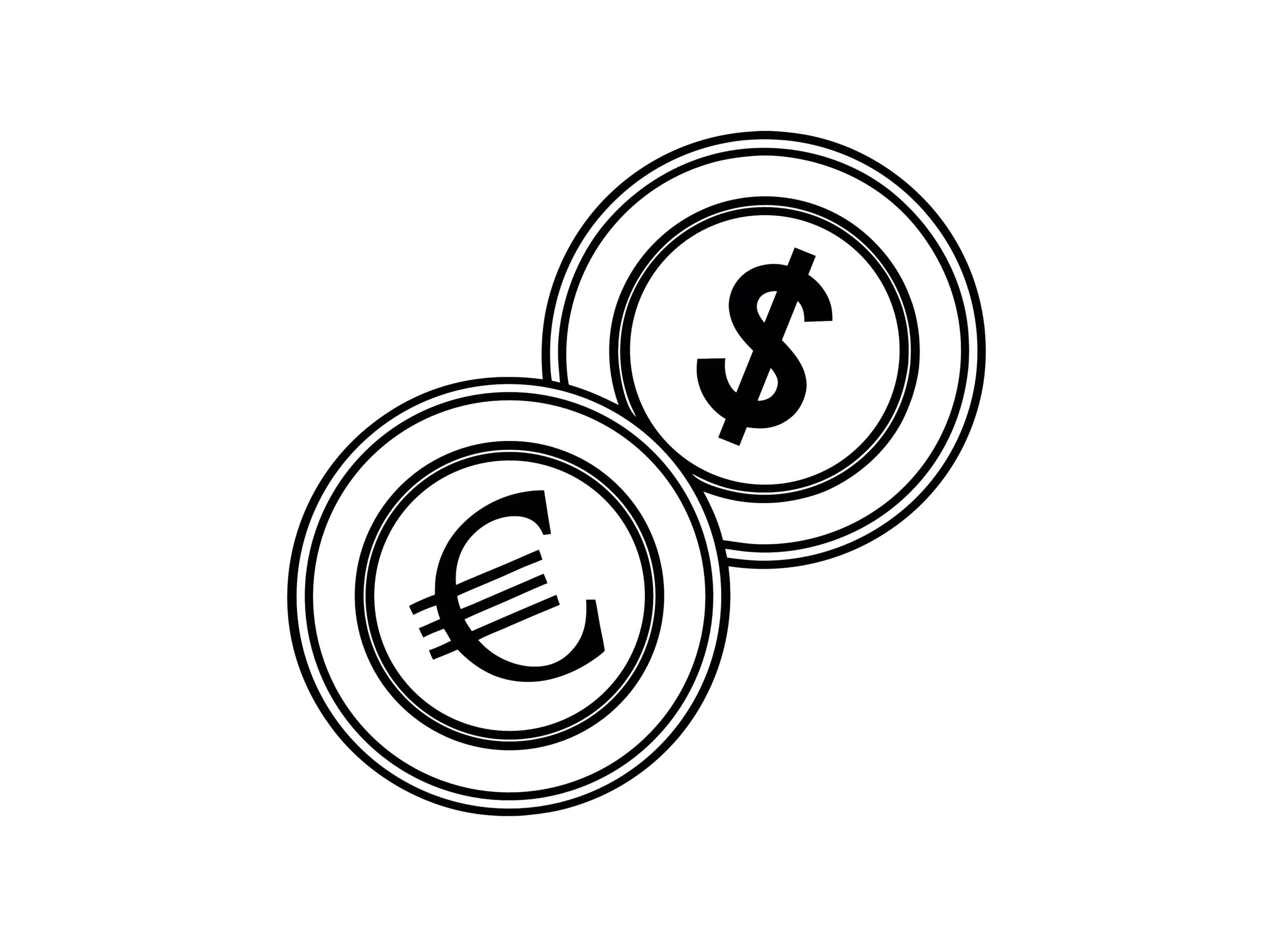 Cartoon of a euro coin and a dollar coin in black and white.