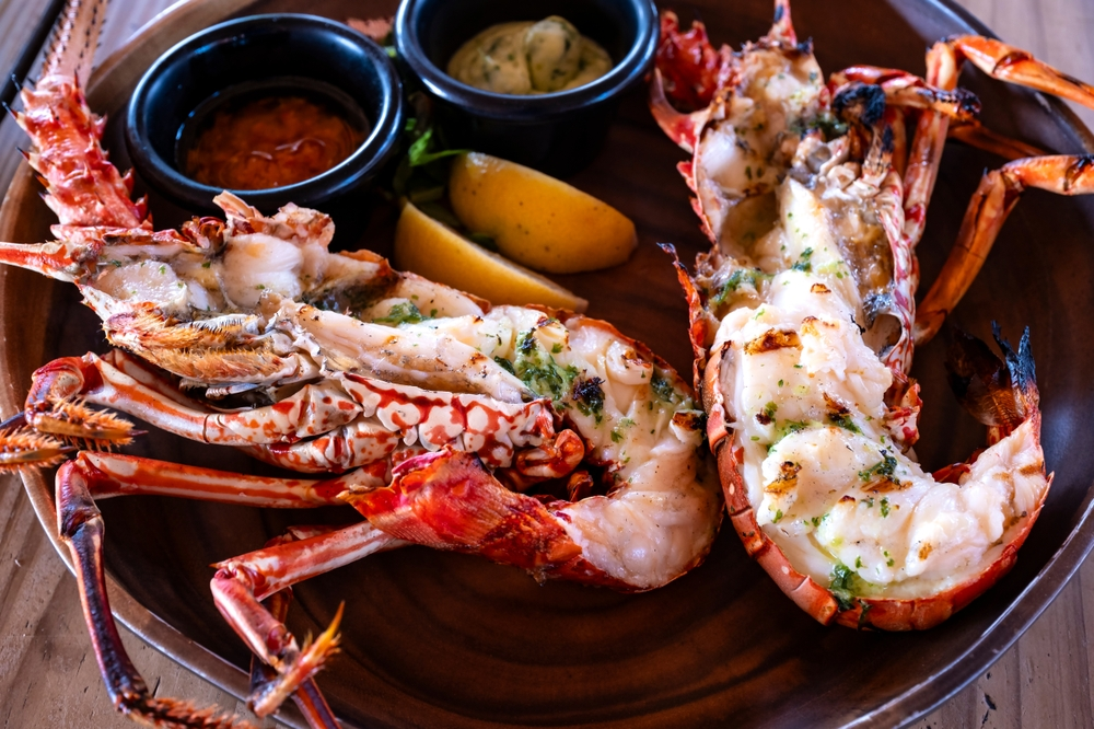 A grilled lobster cut in half on a plate prepared with herbs and spices and some lemon slices.