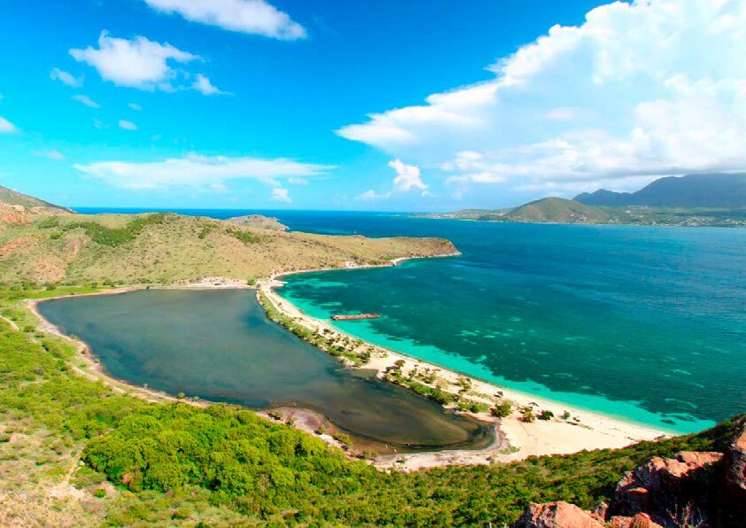 Bright turquoise Caribbean waters of St Kitts, besides the white sandy beach and greenery.
