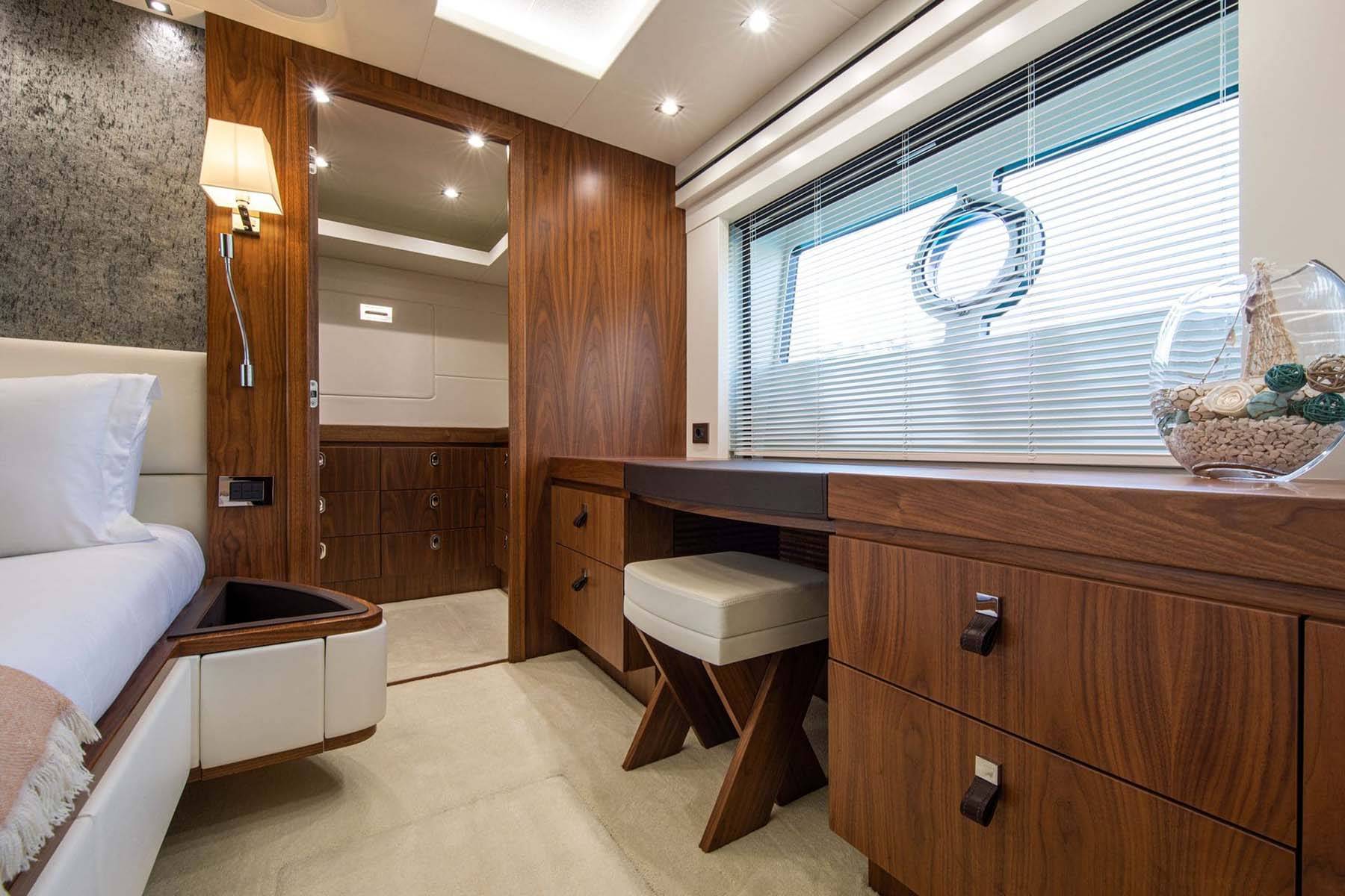 Motor Yacht Rush X  vanity desk and walk in closet in master cabin